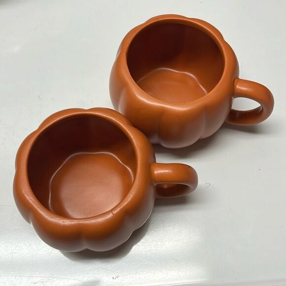 Ceramic Orange Pumpkin Mugs Fall Seasonal Autumn Thanksgiving Set of Two - Picture 2 of 7